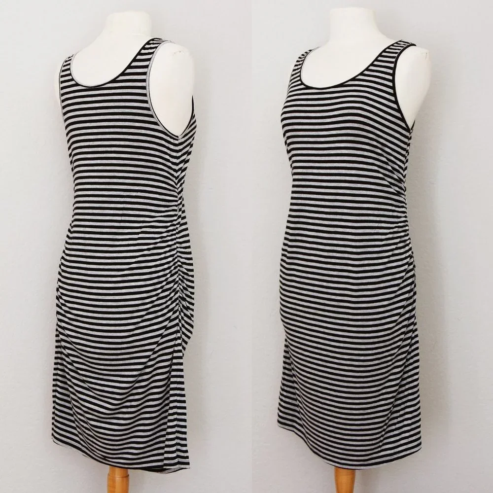 Liz Lange Maternity Gray Black Striped Ruched Gathered Sleeveless Midi Dress S - Picture 3 of 9